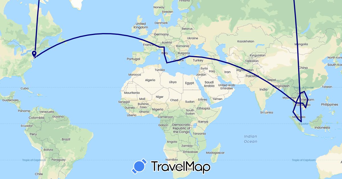 TravelMap itinerary: driving in Greece, Italy, Cambodia, Laos, Malaysia, Singapore, Thailand, Turkey, United States, Vietnam (Asia, Europe, North America)